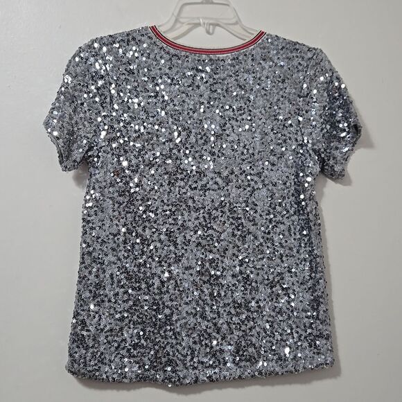 Treasure & Bond Silver Sequin Shirt Short Sleeve Juniors SZ XL 14/16 Holiday - Picture 7 of 7